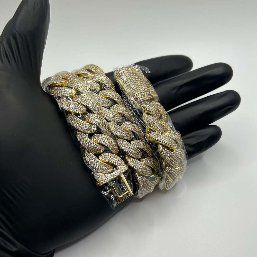 Moissanite Cuban Chain Miami 4 Row Iced Hip Hop Gold 20mm 22 Inch VVS1 D New